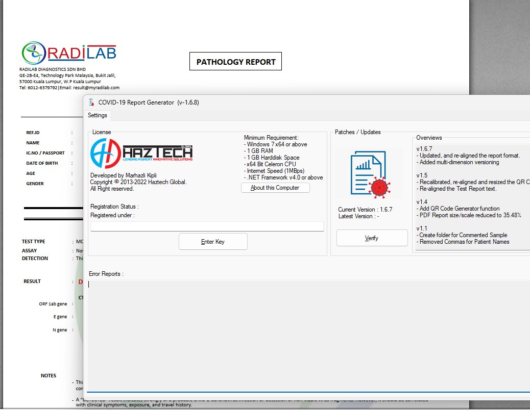 Medicheck COVID — Pathology Report Generator — Radilab Diagnostics Sdn. Bhd., Kuala Lumpur
